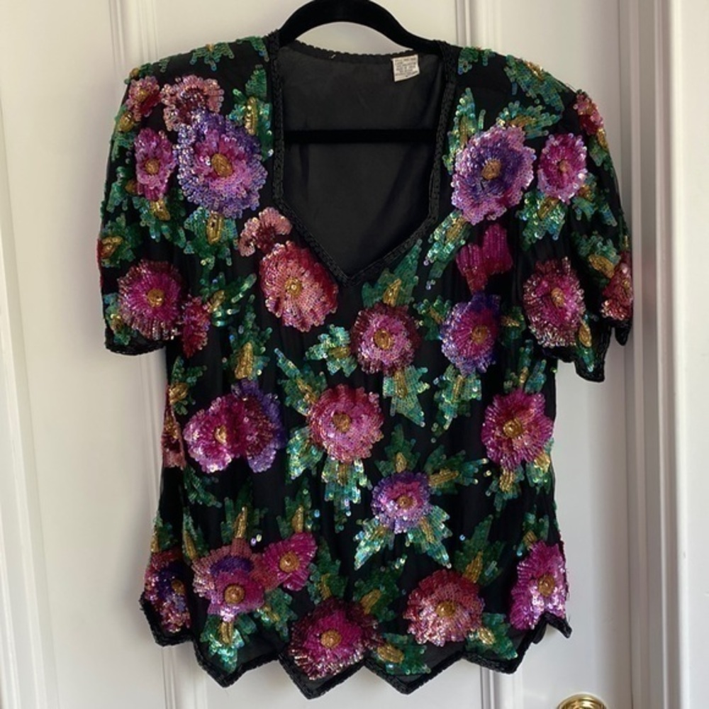 ✨Stunning Vintage Glam Purple Floral Silk Sequined Party Top